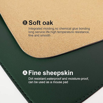 DAWNTREES Dark Green Desk Mat,Leather Desk Pad,35.5"x17",Cork Desk Mat Protector,with PU Leather Valet Tray Organizer,Large Mouse Pad,Desk Writing Pad for Office and Home