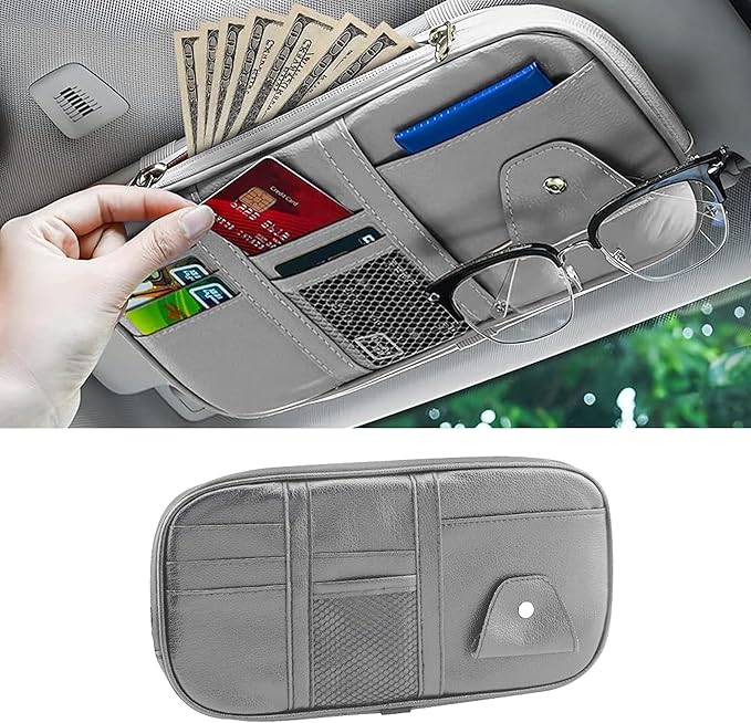 Car Sun Visor Organizer, Sunglass Holder and Storage Pocket, Card Cash Pouch with Multi-Pocket Net Zipper, Case Bag for License Pen Key, Auto Accessories for Truck, SUV, Van (Gray)
