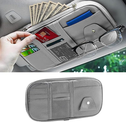 Car Sun Visor Organizer, Sunglass Holder and Storage Pocket, Card Cash Pouch with Multi-Pocket Net Zipper, Case Bag for License Pen Key, Auto Accessories for Truck, SUV, Van (Gray)