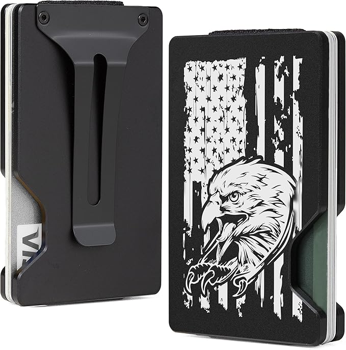 Minimalist Slim Wallet for Men,RFID Blocking Metal Wallet,Aluminum Credit Card Holder & Money Clip 12-15 Cards,Slim Rfid Front Pocket Mens Wallet,Black-American USA Flag Eagle