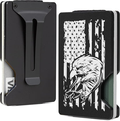 Minimalist Slim Wallet for Men,RFID Blocking Metal Wallet,Aluminum Credit Card Holder & Money Clip 12-15 Cards,Slim Rfid Front Pocket Mens Wallet,Black-American USA Flag Eagle