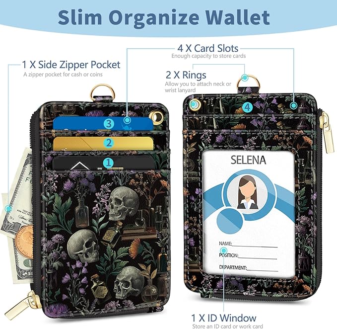 Lanyard Wallet with Id Badge Holder, Goth Skull RFID Small Keychain Wallet Women Wristlet, Book Zipper Credit Card Holder Phone Wrist Neck Strap for Key Name Tag, Teacher Student Office Gifts