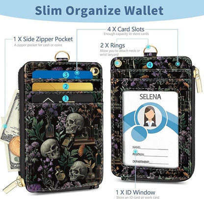 Lanyard Wallet with Id Badge Holder, Goth Skull RFID Small Keychain Wallet Women Wristlet, Book Zipper Credit Card Holder Phone Wrist Neck Strap for Key Name Tag, Teacher Student Office Gifts