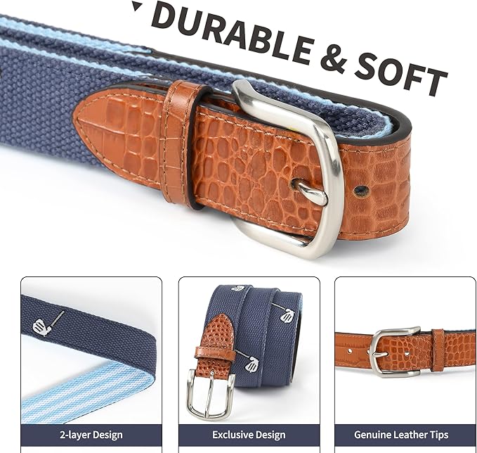 Mile High Life Golf Belts for Men, Canvas Belt with Genuine Leather Tips, Embroidered 2 Layer Web Belt with Pin Buckle
