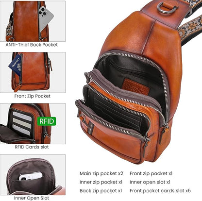 HESHE Leather Sling Bag for Women Crossbody Bags with Multi-Pocket Stylish Fanny Packs for Travel Chest Bag