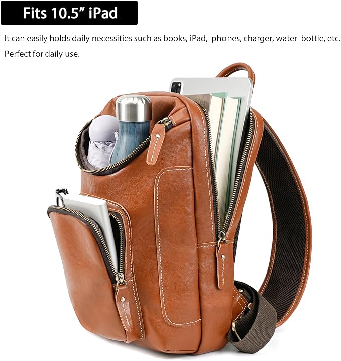 LANNSYNE Full Grain Leather Sling Bag For Men, Crossbody Chest Daypack Fits 10.5" iPad, Men’s Crossbody Bag