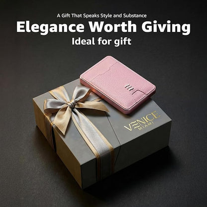 VENICE RFID Blocking Wallet, Minimalist Card Holder with Quick Access, Vegan Leather & Brushed Aluminum, Gift-Ready Packaging (Pink)