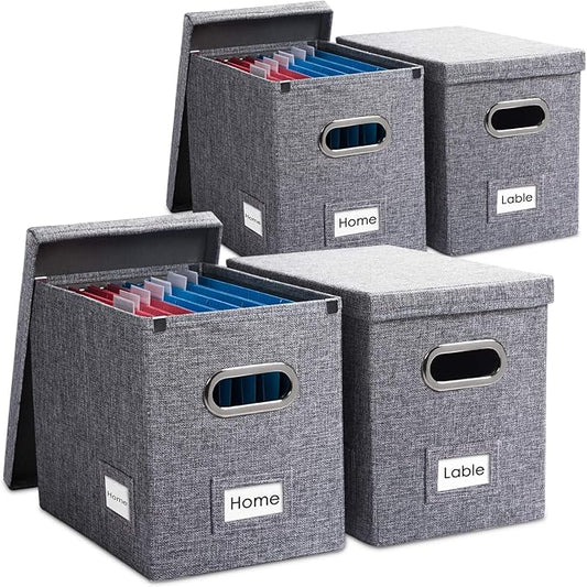 PRANDOM File Organizer Box - Set of 4 Collapsible Decorative Linen Filing Storage Hanging File Folders with Lids Office Cabinet Letter Size Grey (14x9.3x10.8 inch)