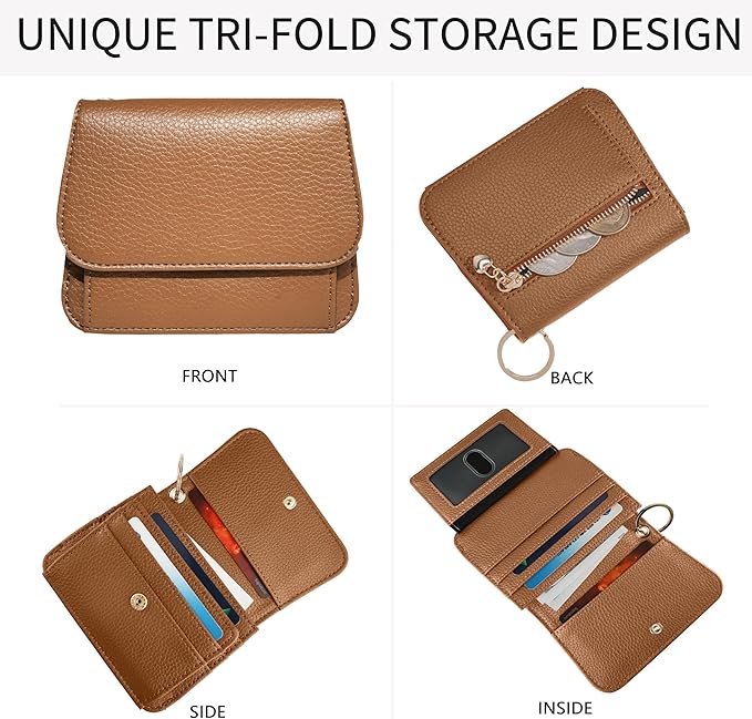 Women Small Wallet RFID Blocking Slim Wallet with Coin Pocket Tri-Fold Credit Card Holder with ID Window and Keychain(Camel)