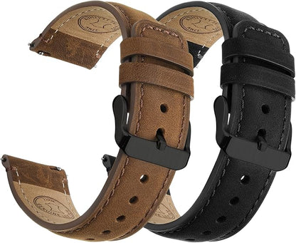 Fullmosa 18mm 20mm 22mm 24mm Leather Watch Bands, 2 Pack Soft Quick Release Watch Strap Compatible with Garmin Vivoactive 5/6/4/3, Venu 4/3S/2S, Samsung Galaxy Fossil Amazfit for Men Women,22mm Saddle Brown&Black/Black&Black