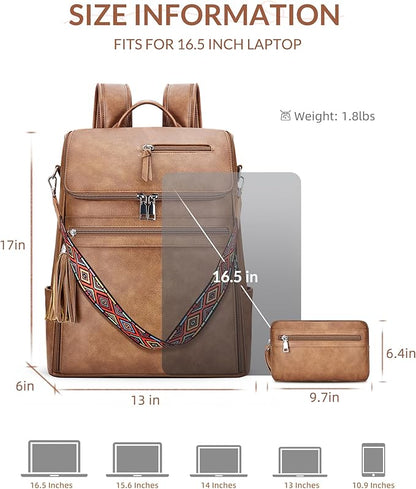 SYTRAH Leather Laptop Backpack for Women Designer Laptop Bag, 16.5 inch Travel Computer Backpacks Purse with Tassel for Work Business with Satchel Purse Brown