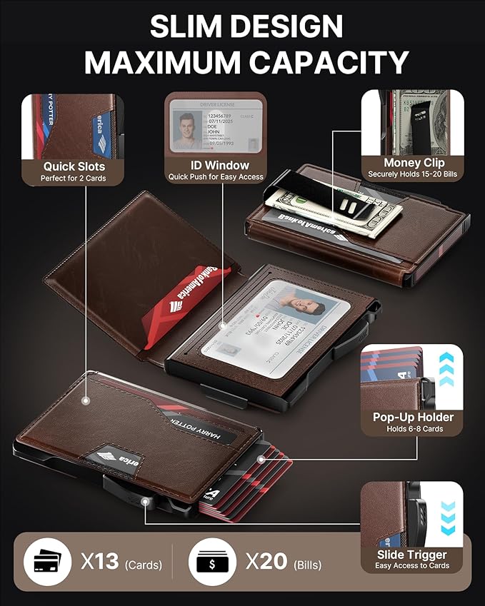 typecase Pop Up Wallet: Slim Wallet with Money Clip, Rfid-blocking, Minimalist, Small, Thin, Compact Card Case, Magnetic Bifold, Front Pocket Wallet, 9-13 Card Capacity, Mens Gifts Wallet - Brown
