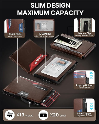 typecase Pop Up Wallet: Slim Wallet with Money Clip, Rfid-blocking, Minimalist, Small, Thin, Compact Card Case, Magnetic Bifold, Front Pocket Wallet, 9-13 Card Capacity, Mens Gifts Wallet - Brown