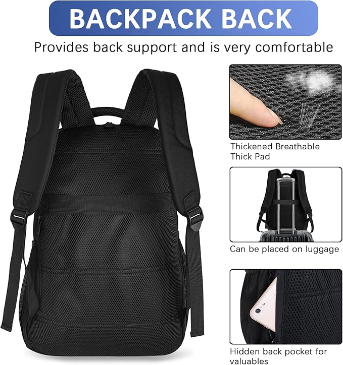 LARIPOP Carry On Backpack for Airplane, 17.3 Inch Laptop Backpack with USB Charging Port, Water Resistant Business Travel Backpack, Lightweight College School Bookbag Anti Theft for Men Women, Black