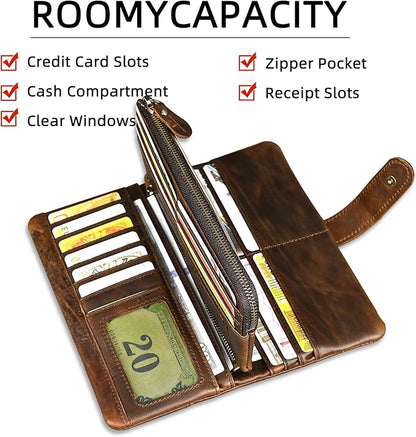 Genuine Crazy Horse Leather Travel Gift Coin Pocket Card Case Long Organizer Chain Rfid Wallet Purse With Snap For Men Male 1803 1815 (1803 Light Brown)