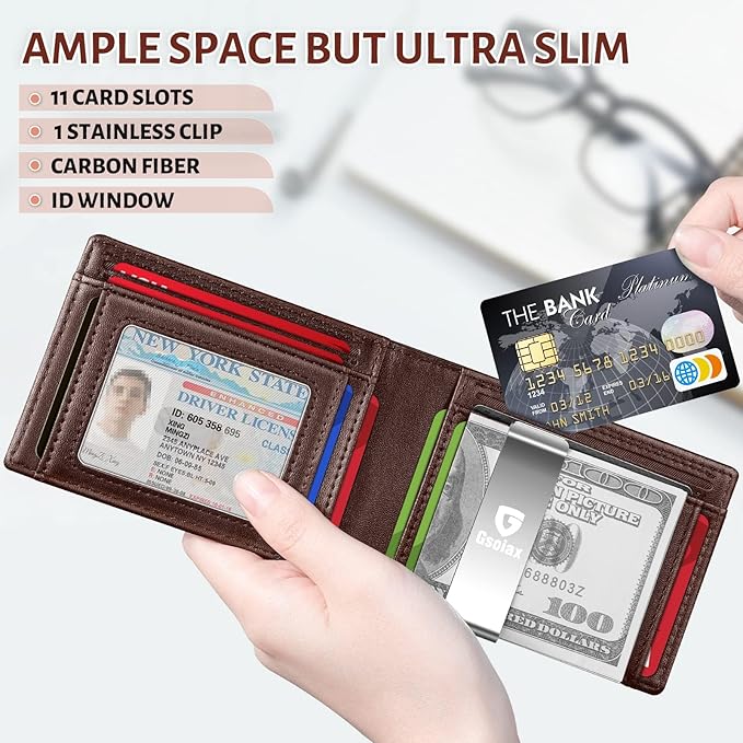 GSOIAX Men's Slim RFID Blocking Leather Wallet with Money Clip | Minimalist Carbon Fiber Bifold Credit Card Holder | 11 Card Slots | Gift Box Included(Leather Coffee)