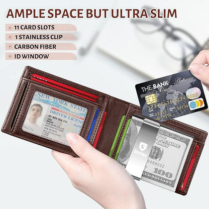 GSOIAX Men's Slim RFID Blocking Leather Wallet with Money Clip | Minimalist Carbon Fiber Bifold Credit Card Holder | 11 Card Slots | Gift Box Included(Leather Coffee)