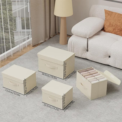 Storage Boxes, Collapsible Storage Bins with Lids, Cotton and linen cloth Storage Baskets with Handle, for Books, Closet, Bedroom, Home, 13x9.1x7.9 in, Beige