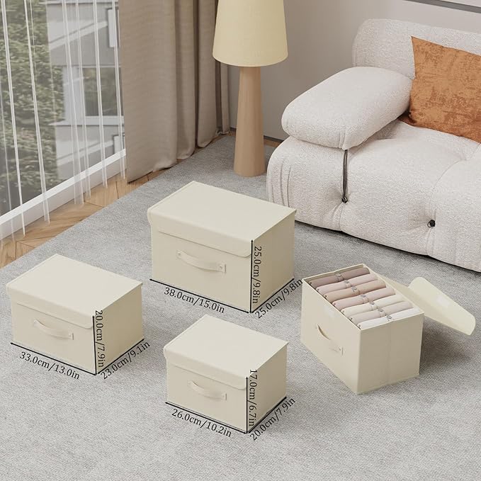 Fabric Storage Bins Cube Organizers with Flip-Top Lid and Handles,Storage Boxes for Organizing Home,Office,and Closet,Beige,3 Pack 15 x 9.8 x 9.8 in
