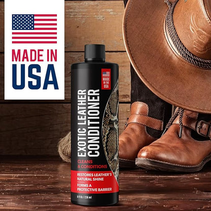 Exotic Leather Conditioner for Boots — 3-in-1 Cleaner, Conditioner & Protectant for Ostrich, Python, Lizard, Caiman & Snakeskin, Leather Boot Care Kit for Cowboy Boots, 8 fl oz Spray, Made in USA