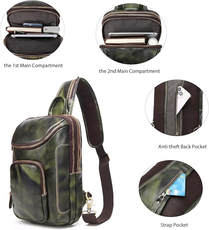 LANNSYNE Vintage Full Grain Leather Sling Bag Crossbody Chest Daypack | Vintage, Full Grain, Leather, Chest