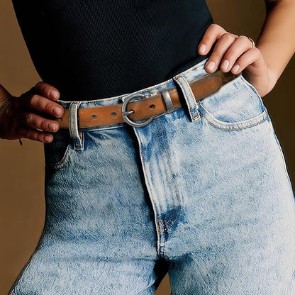 SANSTHS Womens Genuine Leather Belts for Jeans Pants Trendy Vintage Thin Leather Belt Gold Buckle Ladies Skinny Waist Belt