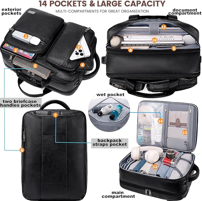 weiatas 3-in-1 Vegan Leather Convertible Laptop Bag for Men Women, Expandable Travel Backpack Work Briefcase Messenger Bag | Convertible, Expandable, Multi-pocket, Waterproof