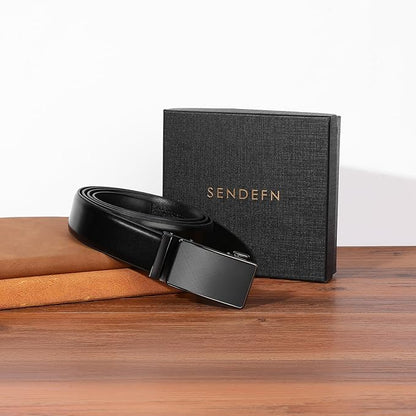 SENDEFN Men's Leather Belt - Automatic Ratchet Slide Buckle, Easy Trim-to-Fit Function, Packaged with Gift Box