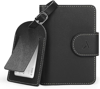 ALLIVE Passport Holder with Luggage Tag, Genuine Leather Passport Holder with AirTag Hidden Pocket, RFID Blocking Travel Wallet for Women & Men, Premium Gift Box, Ready to Gift – Gift Set (Black)