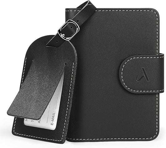 ALLIVE Passport Holder with Luggage Tag, Genuine Leather Passport Holder with AirTag Hidden Pocket, RFID Blocking Travel Wallet for Women & Men, Premium Gift Box, Ready to Gift – Gift Set (Black)