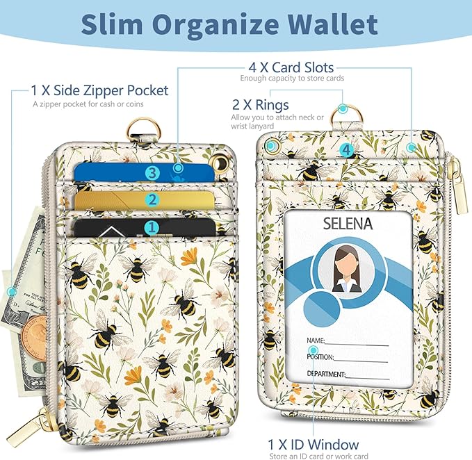 Lanyard Wallet with Id Badge Holder, Bee RFID Small Keychain Wallet Women Wristlet, Cute Zipper Credit Card Holder Phone Wrist Neck Strap for Key Name Tag, Teacher Student Office Gifts