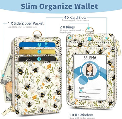 Lanyard Wallet with Id Badge Holder, Bee RFID Small Keychain Wallet Women Wristlet, Cute Zipper Credit Card Holder Phone Wrist Neck Strap for Key Name Tag, Teacher Student Office Gifts