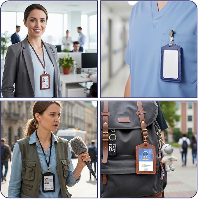 3 Pcs Leather ID Badge Holder, Vertical ID Card Holders Double-Side Clear Card Holder Waterproof Name Badge Holders for Office Staff Employees Doctors (Black, Blue, Coffee)