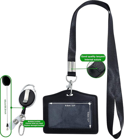 ID Card Case + Lanyard + Badge Holder Retractable Reel Carabiner and Plastic Clip (Genuine Leather Horizontal Black)