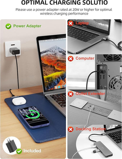 TopMade Mouse Pad with 15W Wireless Charging, XXL Large Leather Desk Mat, Waterproof Gaming Mousepad Home Office Desk Pad Protector, Blue (Includes 20W PD Power Adapter & 6.56ft Woven Cable)