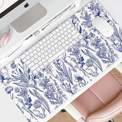Mouse Pad Leather Desk Mat Large Keyboard Cute Office Desktop Computer Laptop XXL Long Big Aesthetic Modern Design Women Girls Gaming Gamer Oversized Wide Mousepad 31.5"x15.7", Blue Flower
