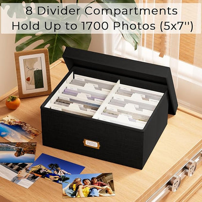 Decorative Photo Storage Box - Linen Photo Box Organizer with Dividers, Fits Holds Up to 1700 Pictures and 5x7 Photos, Memory Keepsake Organizer for Photos, Scrapbook Supplies, Cards, Stamps (Black)