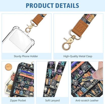 Goth Bookshelf Skull Lanyard Wallet with ID Badge Holder, Witchy Small RFID Wallet Women Keychain Wristlet, Slim Credit Card Holder with Zipper Pocket Phone Lanyard Wrist Strap Name Tag Office Teacher