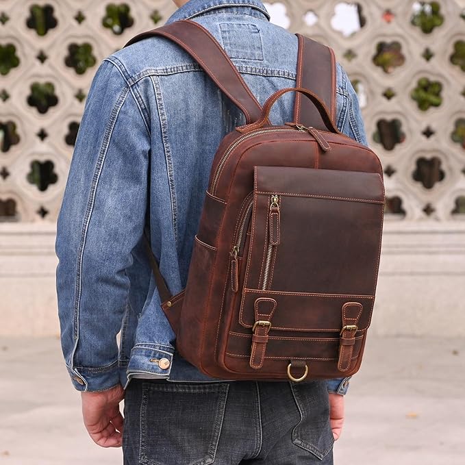 Vintage Full Grain Leather Backpack for Men, 16" Laptop Rucksack For Men Hiking Trave Work Business Bag, 1829 Brown