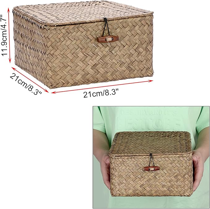Hipiwe Wicker Shelf Baskets Bin with Lid Handwoven Seagrass Storage Basket Container Square Multipurpose Household Basket Boxes for Shelves and Home Organizer, Coffee Small