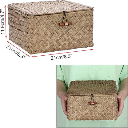 Hipiwe Wicker Shelf Baskets Bin with Lid Handwoven Seagrass Storage Basket Container Square Multipurpose Household Basket Boxes for Shelves and Home Organizer, Coffee Small