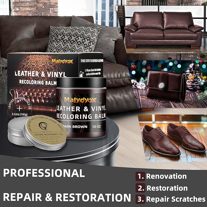 Malydyox 10oz Leather Recoloring Blam with 3.52oz Mink Oil, Leather Repair Kit for Furniture, Leather Couches Restorer, Leather Couch Repair, Leather Conditioner for Couch (Dark Brown)