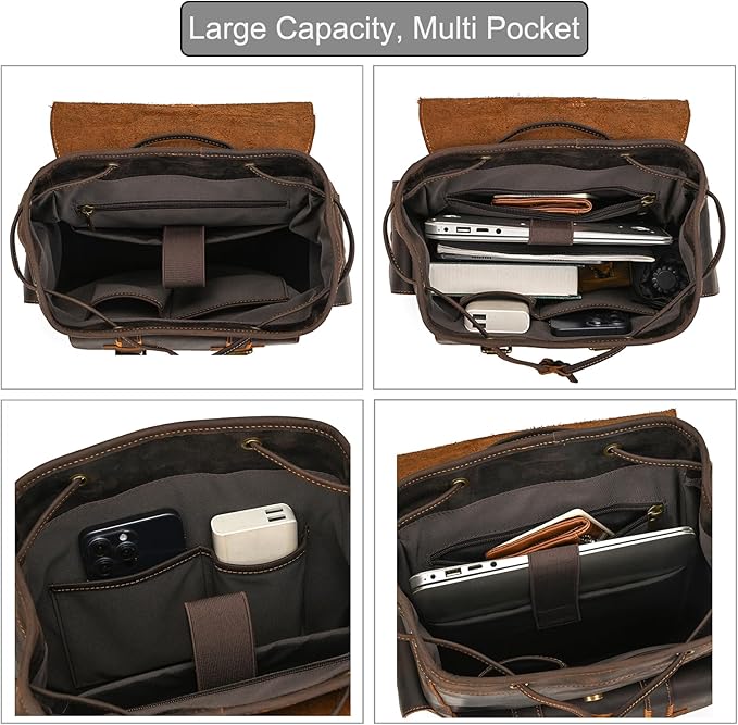 LUUFAN Genuine Leather Backpack for Men Casual Laptop Shoulder Bag Rucksack with Anti-Theft Pocket Travel Daypack, Dark Brown