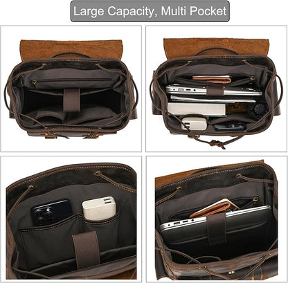 LUUFAN Genuine Leather Backpack for Men Casual Laptop Shoulder Bag Rucksack with Anti-Theft Pocket Travel Daypack, Dark Brown