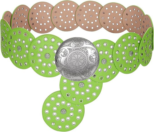 WERFORU Women Vintage Leather Belt Western Disc Waist Belts Ladies Western Belt Boho Belt for Dress Jean-