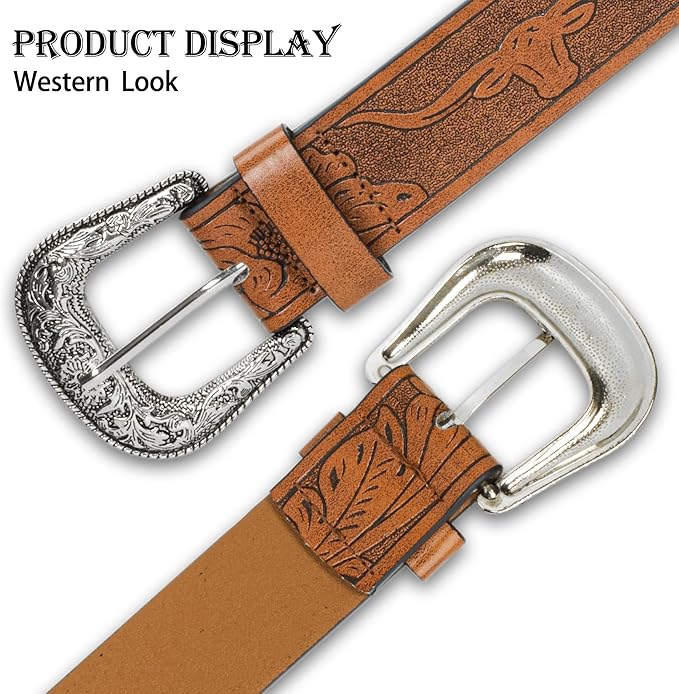 INOGIH Adjustable-Vintage-Western-Cowboy-Belt Women Men - Cowboy-Style Engraved-Buckle Belt for Jeans Pants Dresses