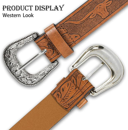 INOGIH Adjustable-Vintage-Western-Cowboy-Belt Women Men - Cowboy-Style Engraved-Buckle Belt for Jeans Pants Dresses