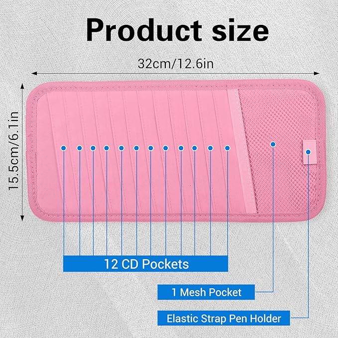 TIESOME CD Case Holder for Car, DVD Vehicle Visor Storage Organizer Large Capacity CD Visor Case Car Sun Visor Organizer with 12 DVD Storage Sleeves 1 Mesh Pocket 1 Pen Holder and Elastic Strap(Pink)