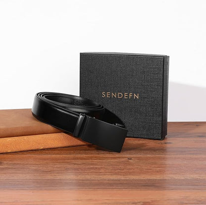 SENDEFN Men's Leather Belt - Automatic Ratchet Slide Buckle, Easy Trim-to-Fit Function, Packaged with Gift Box