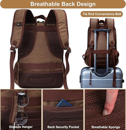 Mactso Canvas Travel Laptop Backpack for Men Women, Business Work Rucksack College Computer Bag Fits 17.3 Inch Notebook,Bookbag with USB Charging Port (Coffee, 17.3 Inch)
